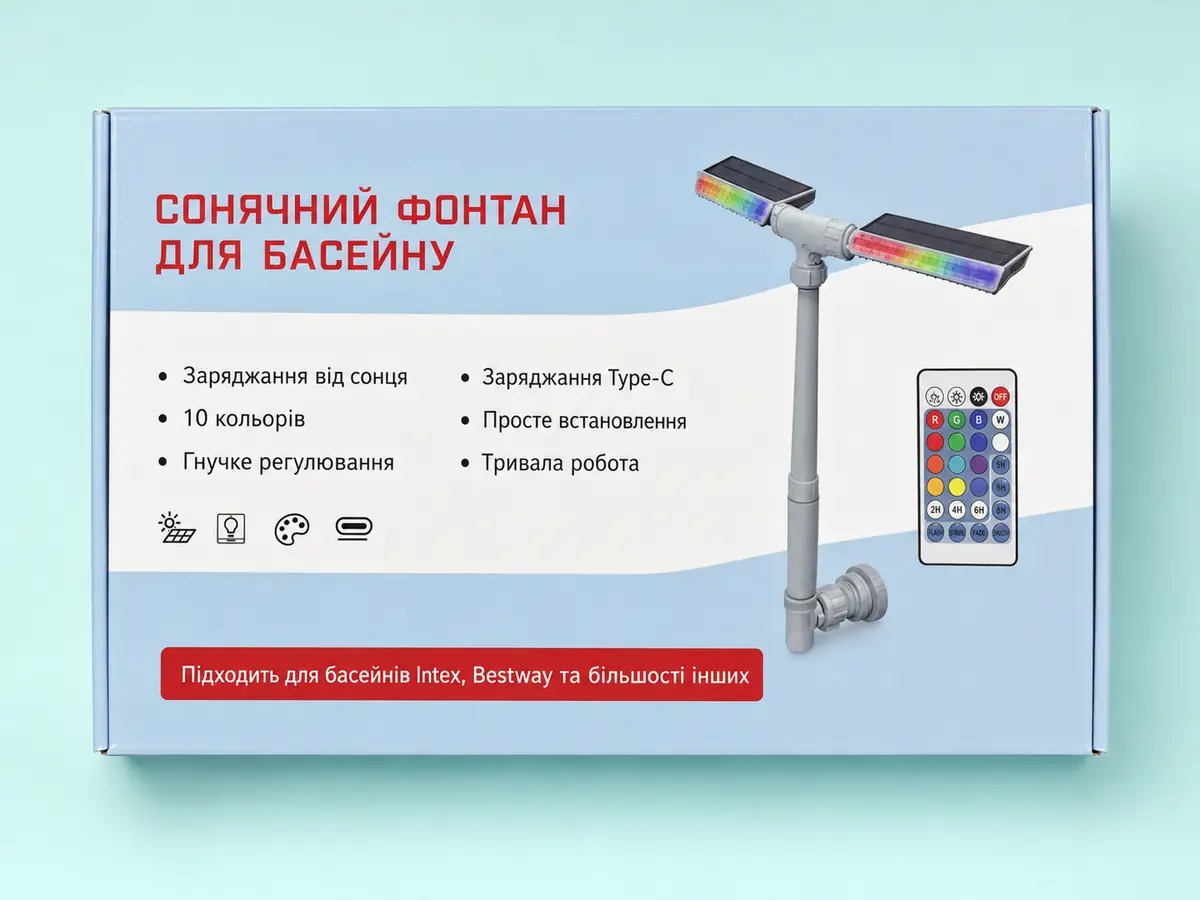 Коробка сонячного фонтану з характеристиками українською мовою